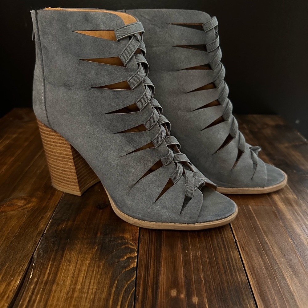 Blue suede sandal heeled booties